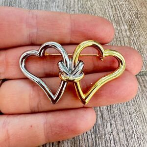 Vintage Jewelry AK Anne Klein Knotted Hearts Brooch Gold Silver Heart Brooch pin